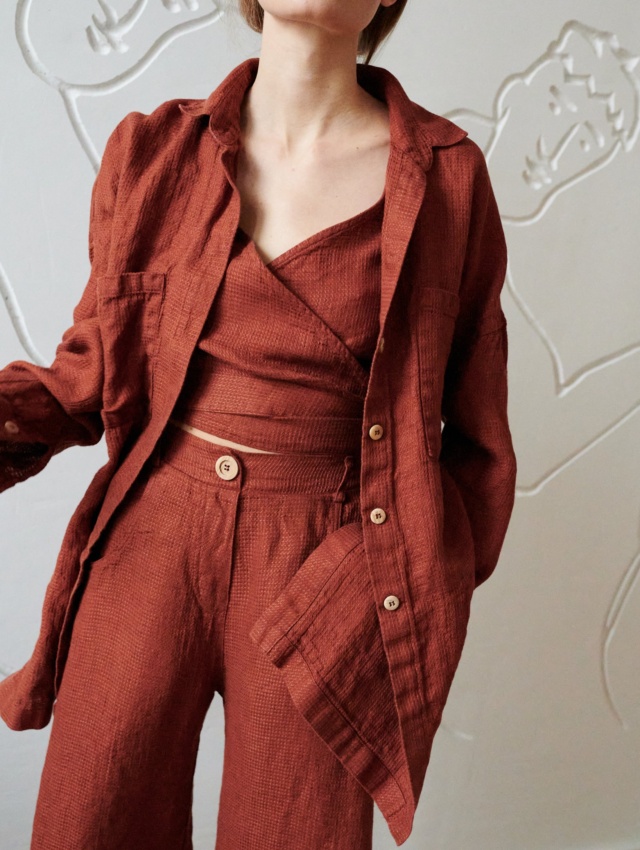 oversized terracotta waffle linen shirt