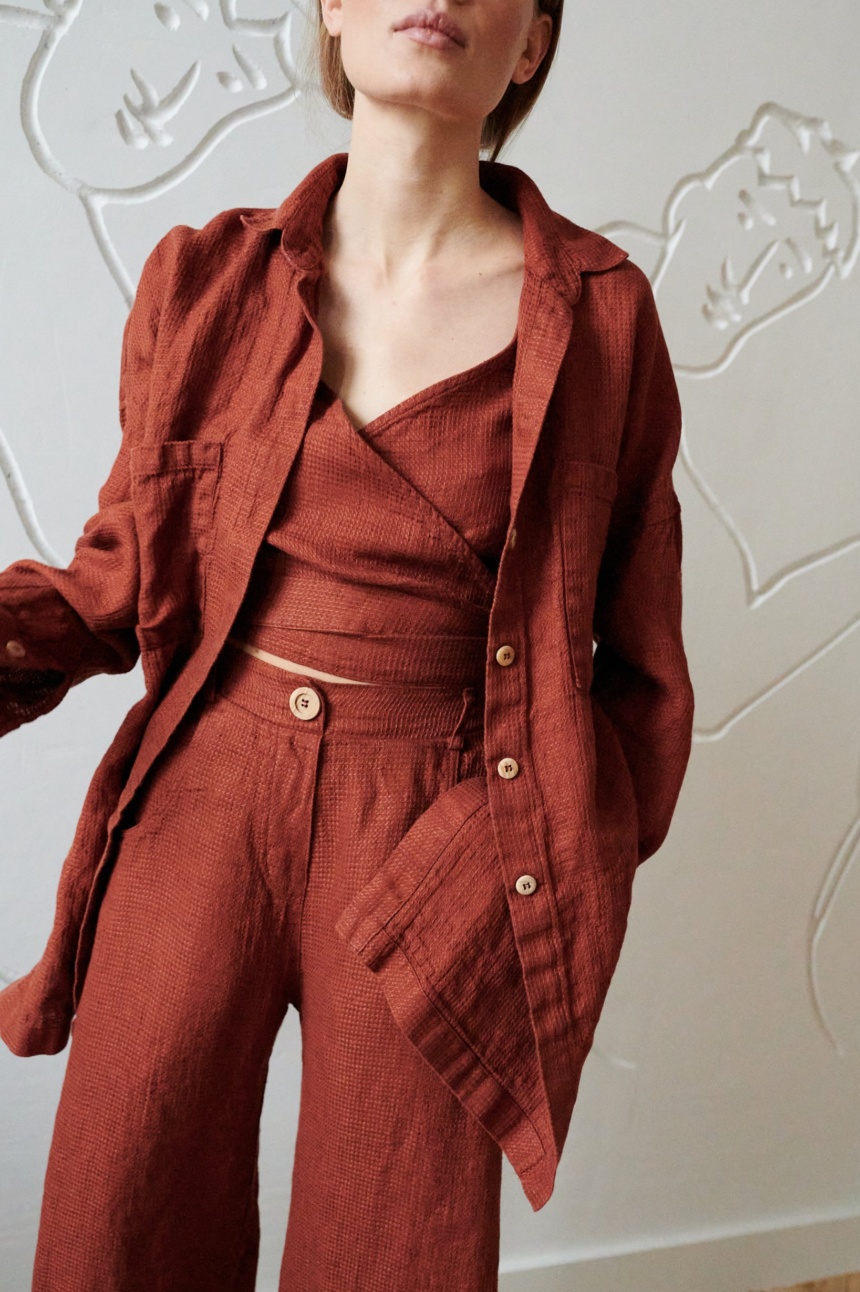 oversized terracotta waffle linen shirt