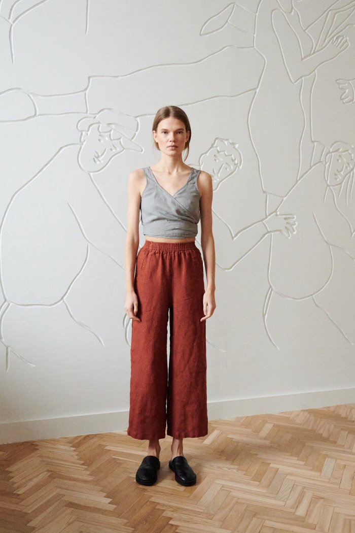 sleeveless summer linen wrap top and wide pants