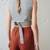 back ribbon of fitted wrap top in grey linen