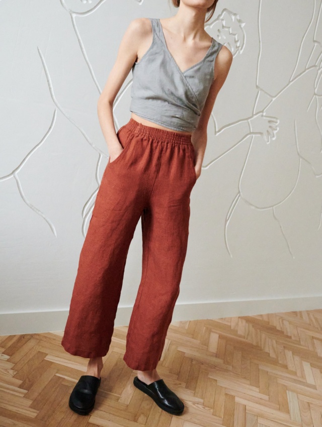 wide leg cropped waffle linen terracotta pants