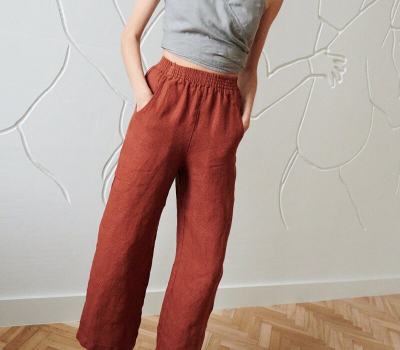 wide leg cropped waffle linen terracotta pants