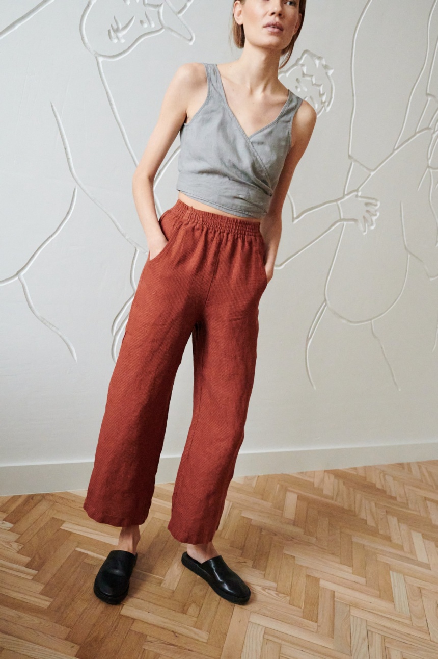 wide leg cropped waffle linen terracotta pants