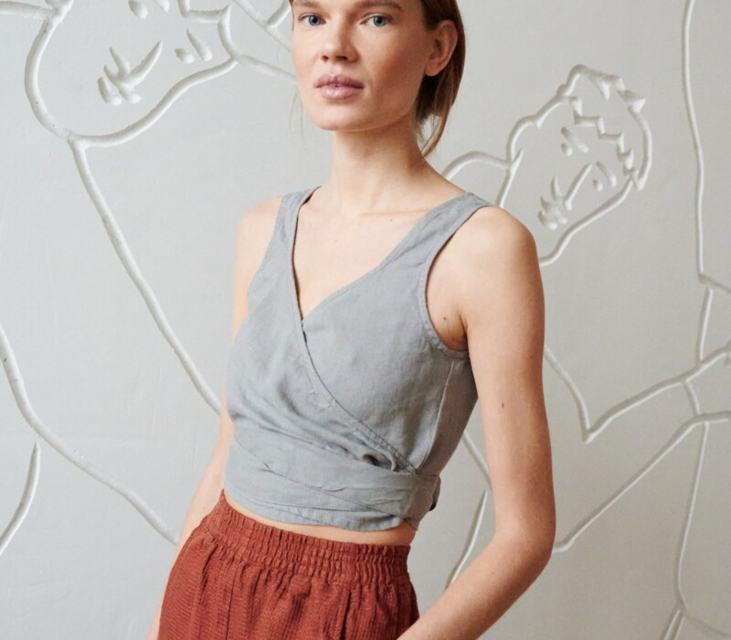 neutral grey wrap linen summer sleeveless top
