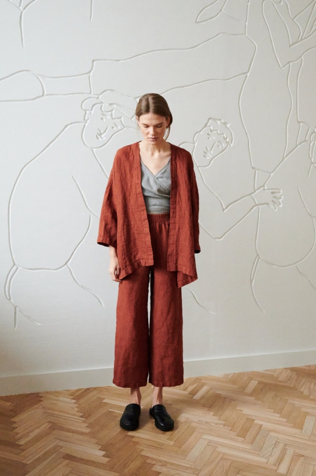 kimono inspired oversized waffle linen brown jacket