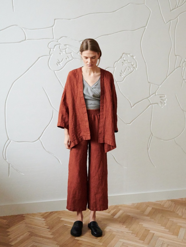 kimono inspired oversized waffle linen brown jacket