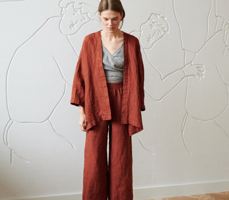 kimono inspired oversized waffle linen brown jacket