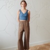 elasticated brown waffle linen trousers