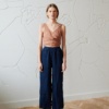 navy blue waffle linen pants and summer wrap top