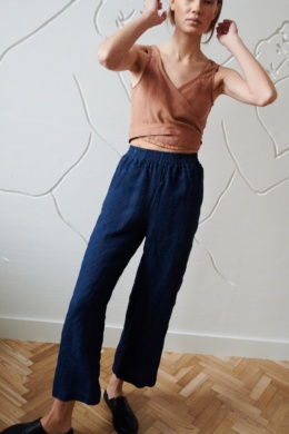 wide leg elasticated linen trousers in navy waffle