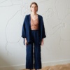 wide leg cropped waffle linen navy trousers