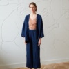 wide straight leg waffle linen navy pants