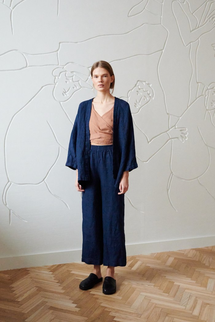 wide straight leg waffle linen navy pants