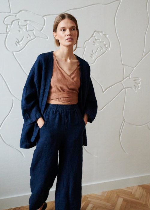 wide leg trousers and a matching oversized linen jacket
