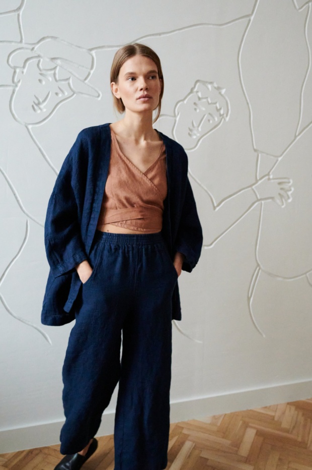 wide leg trousers and a matching oversized linen jacket