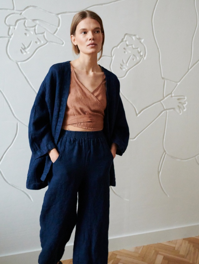 wide leg trousers and a matching oversized linen jacket