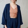 wide long sleeve open kimono linen jacket in waffle navy
