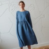flowy midi raglan sleeve dress in blue linen