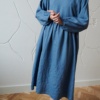 oversized blue linen dress with gathered waistband