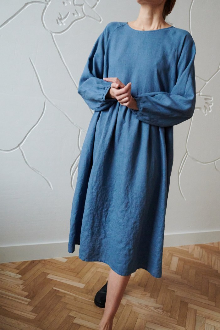 oversized blue linen dress with gathered waistband