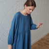 long raglan sleeve gathered cuff blue linen dress