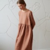 gathered waist midi oversized linen dress