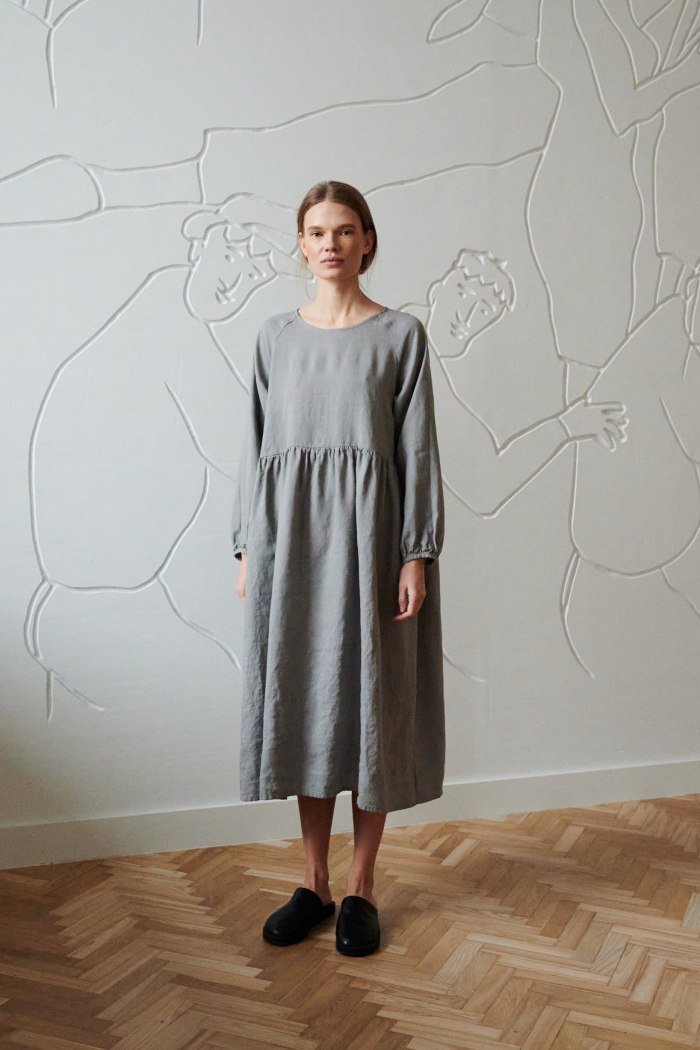 loose grey linen raglan sleeve dress with gathered waist