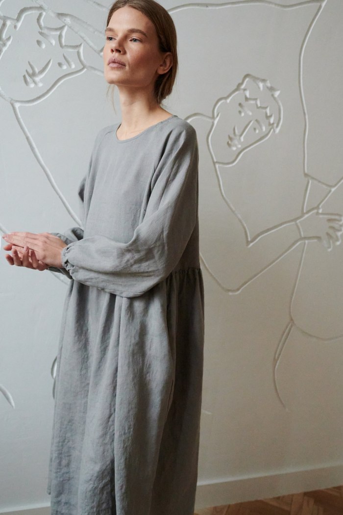 puff sleeve oversized raglan dress in grey linen