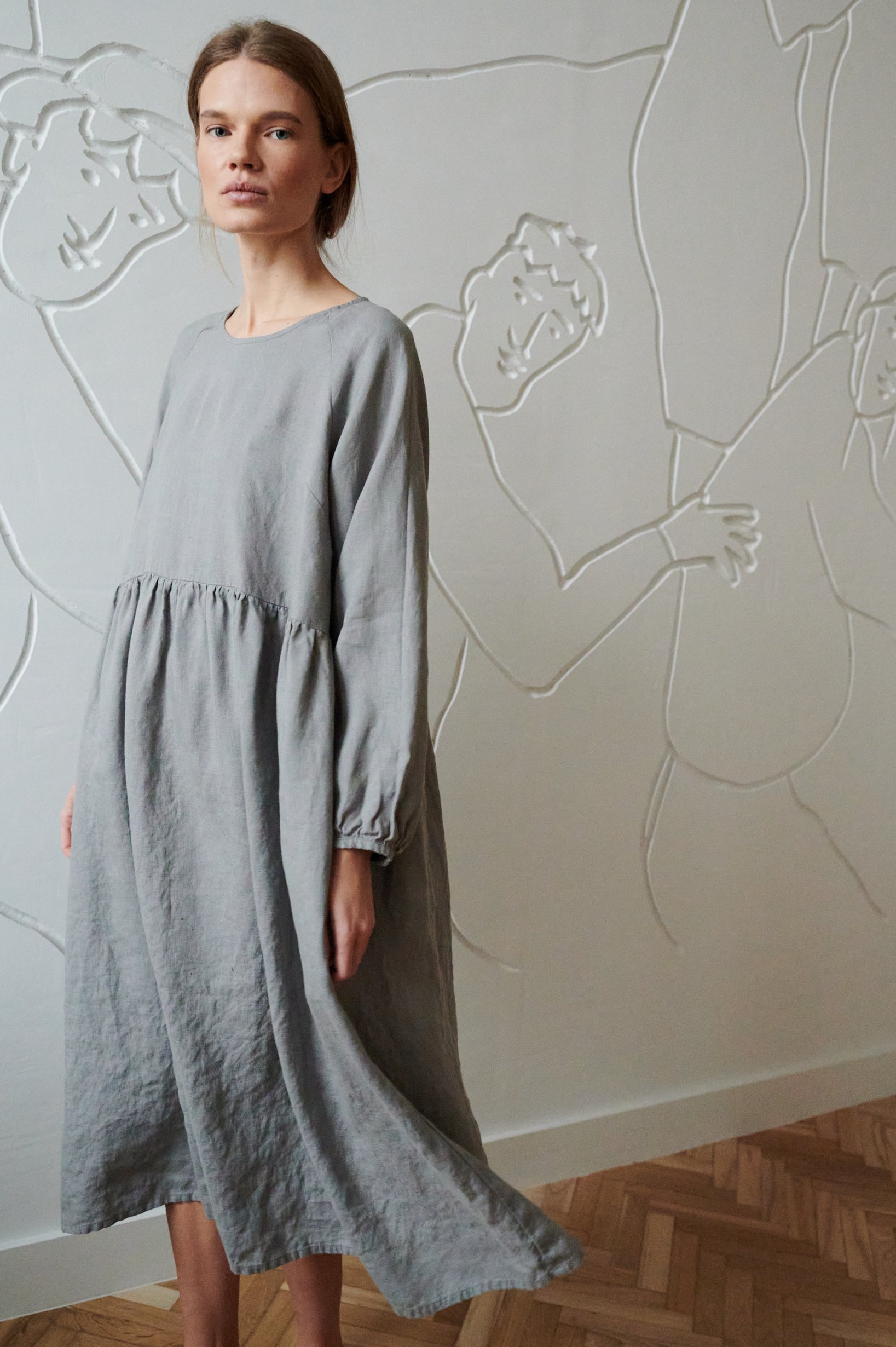 flowy linen oversized midi dress in neutral grey