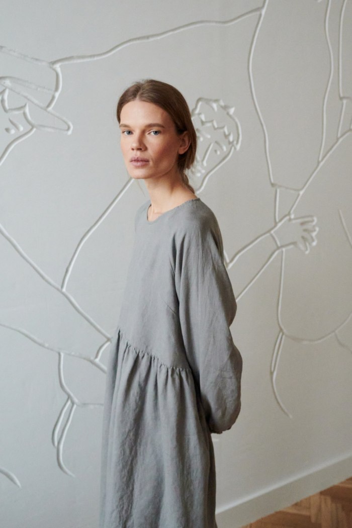 dropped shoulder oversized linen dress in neutral grey