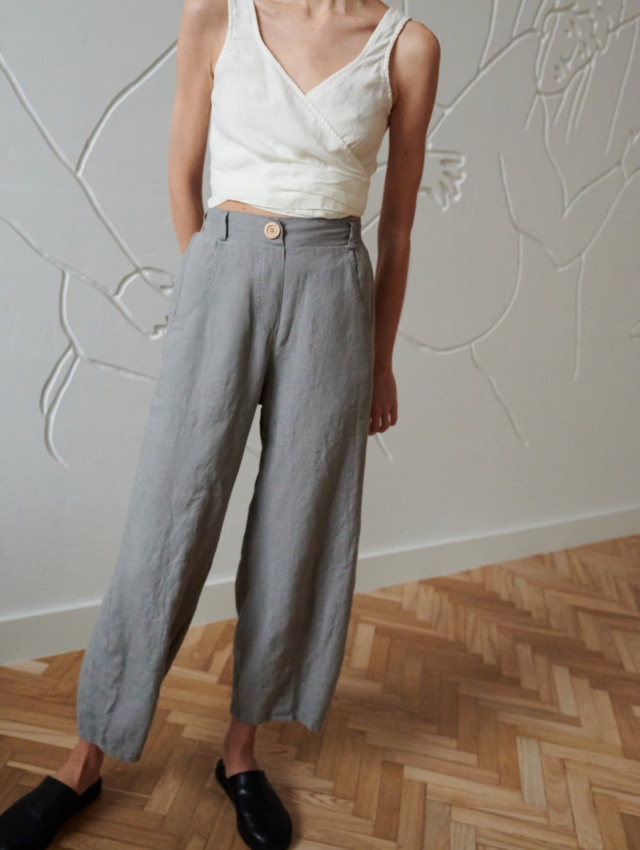 wide barrel leg grey linen trousers with decorative button