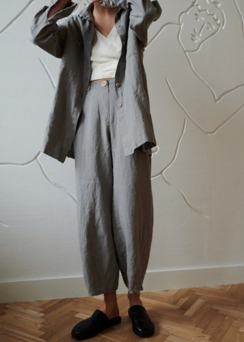 oversized linen barrel leg pants and a matching shirt in neutral grey