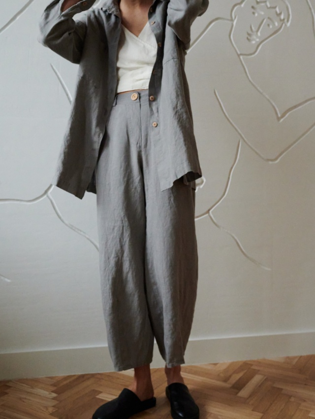 oversized linen barrel leg pants and a matching shirt in neutral grey