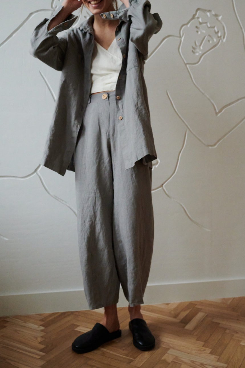 oversized linen barrel leg pants and a matching shirt in neutral grey