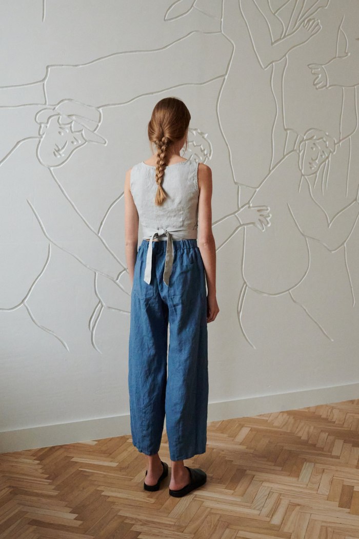 the back of wide leg linen trousers