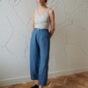 cropped barrel leg trousers with decorative button in blue