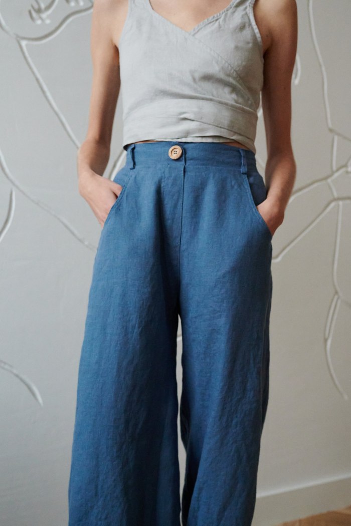 stellar blue linen wide leg pants with pockets