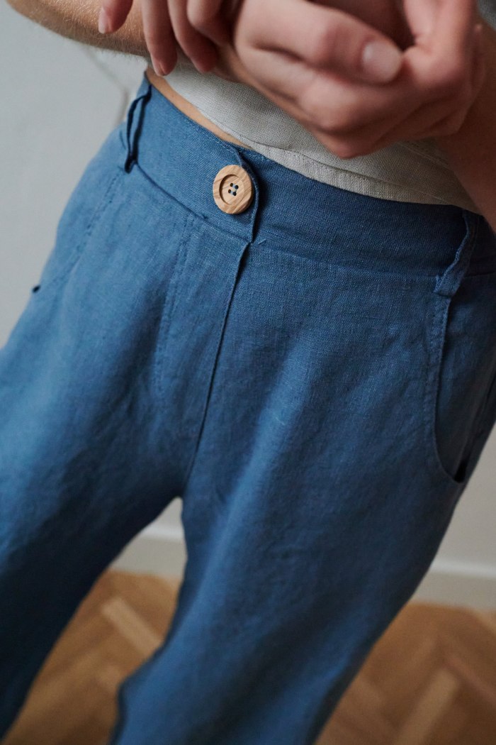 linen barrel trousers with faux wooden button