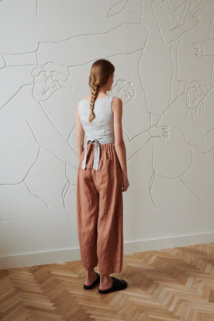 the back of wide barrel leg trousers with back pockets