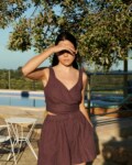 women is wearing violet summer linen shorts