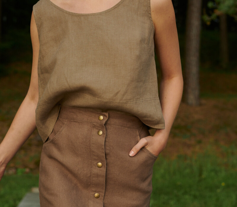 mini button up skirt from heavy brown linen fabric