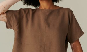 Brown linen top with boxy cropped fit and boat neckline