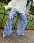 Blue wide leg gingham pants with side ties and elastic waistband