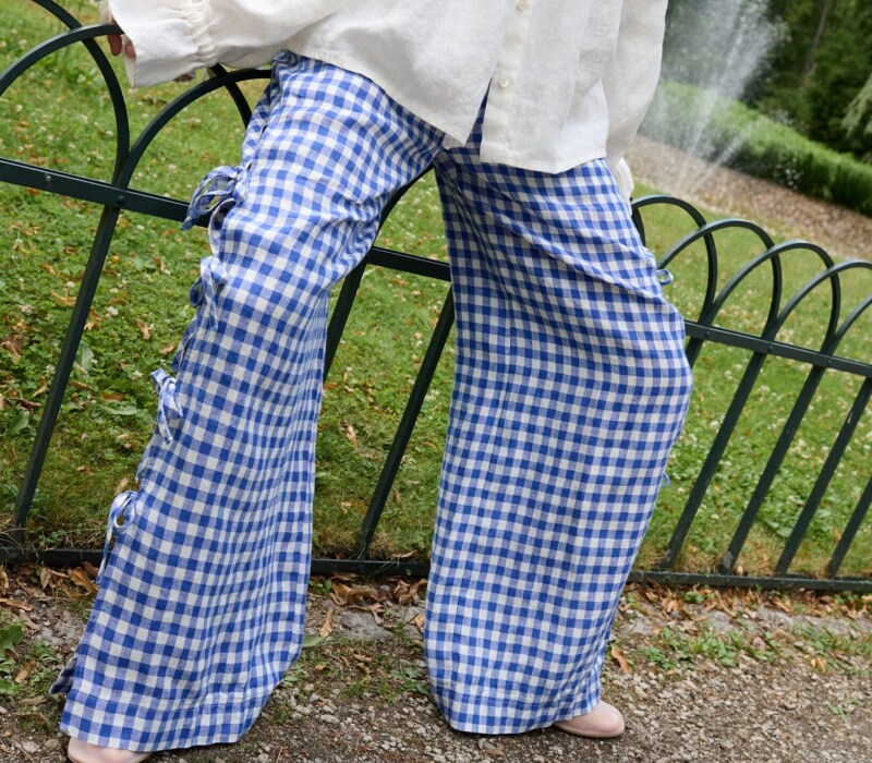 Blue wide leg gingham pants with side ties and elastic waistband