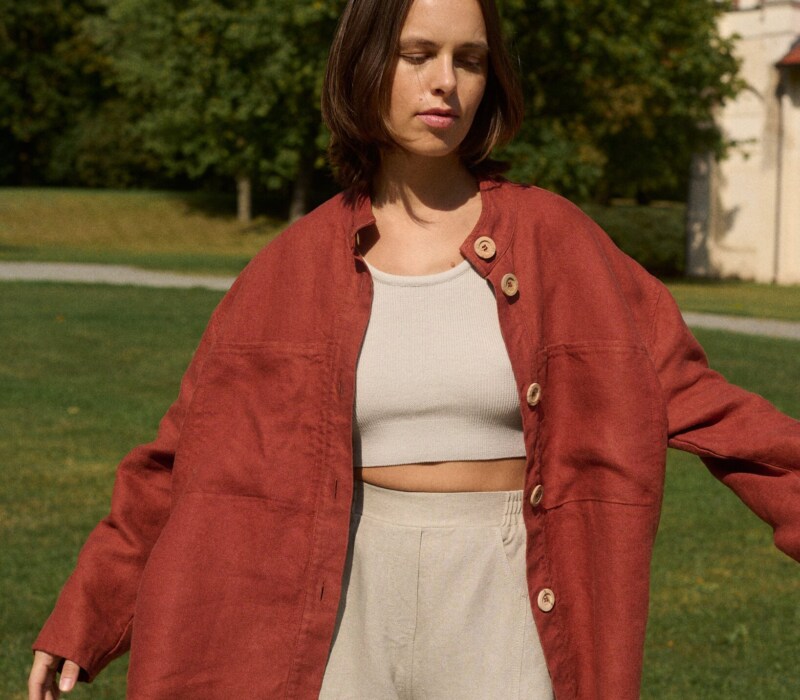 Linen button down jacket with band collar and relaxed fit