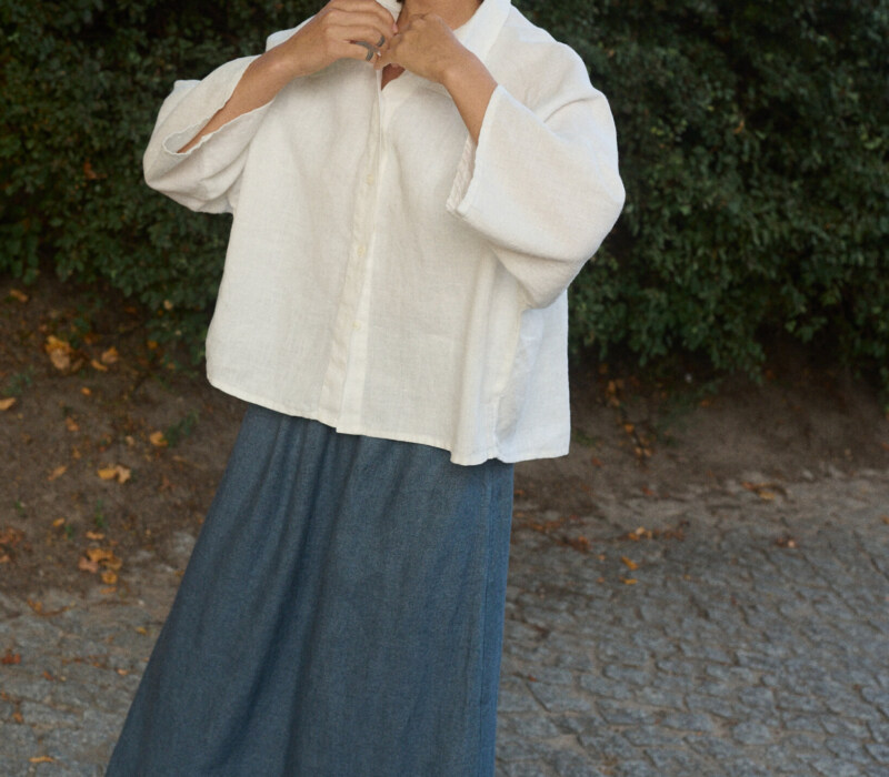 model is wearing wool maxi skirt