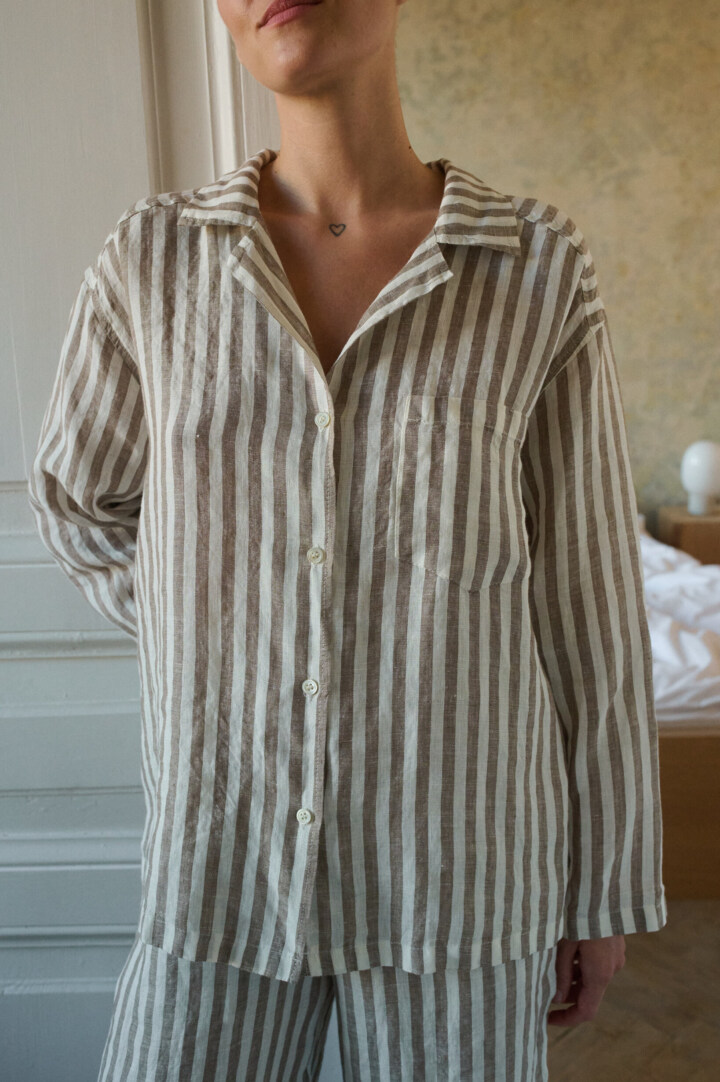 close-up of striped cacao long-sleeve linen shirt
