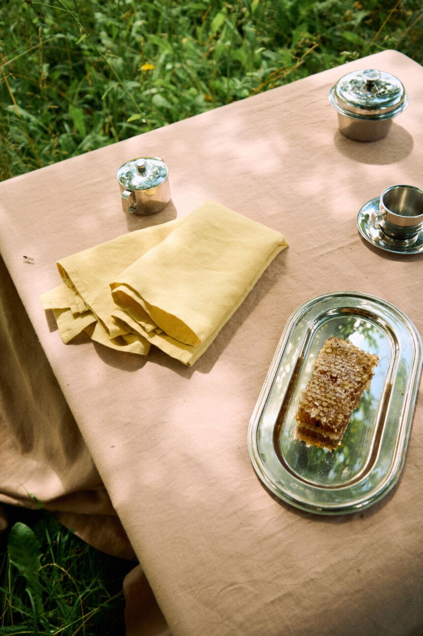 Set of two butter yellow linen napkins.