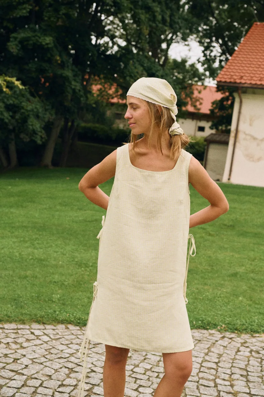 Apple checks sleeveless linen mini dress with matching bandana headscarf