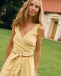 Butter yellow linen wrap top with matching wide leg trousers